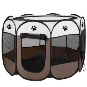 Portable Foldable Pet Playpen Exercise Pen Kennel Removable Zipper Top and Bottom Water Resistant Indoor Outdoor Use For Dogs Cats Other Pets (Color: coffee)